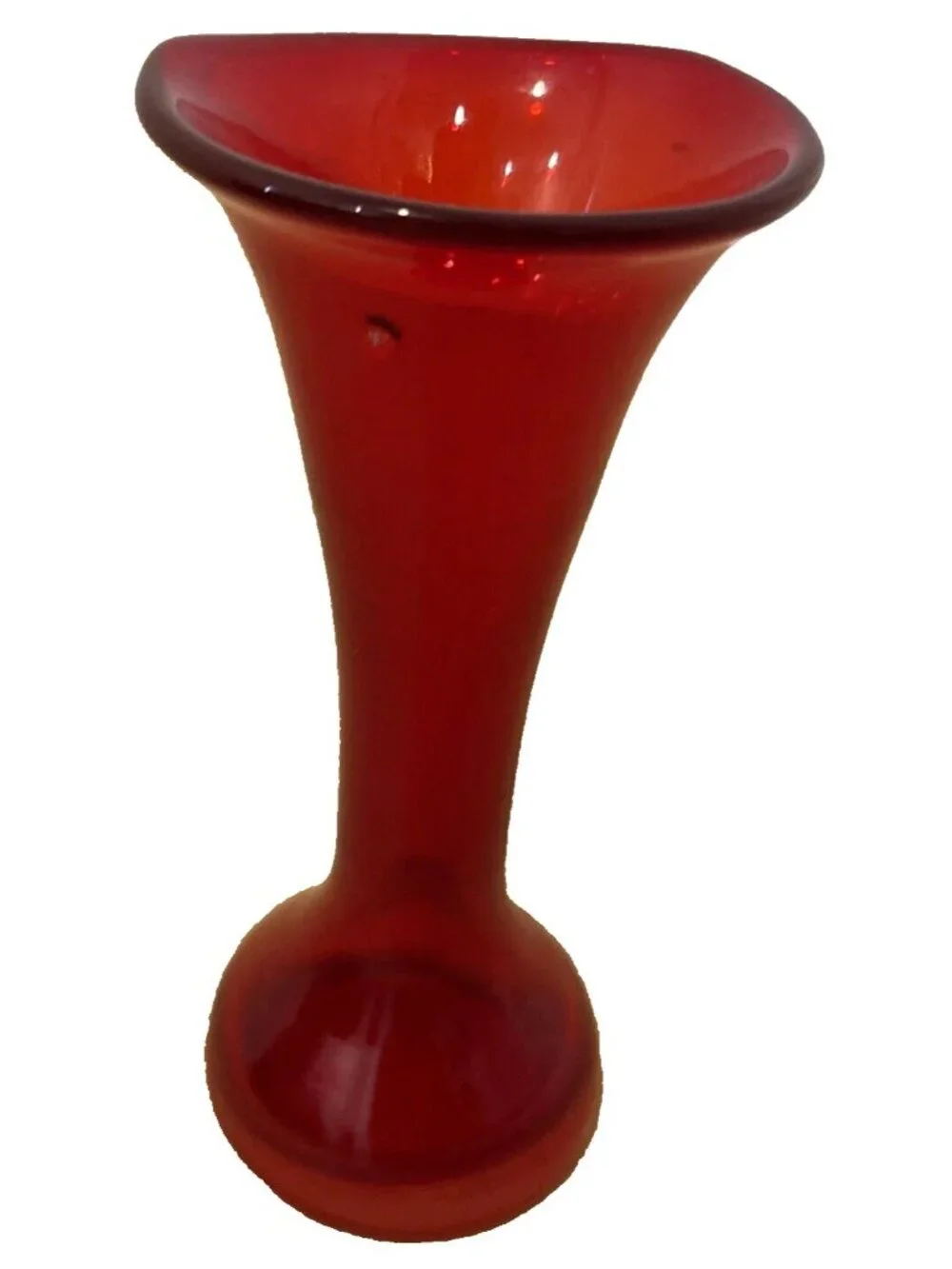 Vintage Red Hand Blown Glass Art Bud Vase Angled Top 5.5